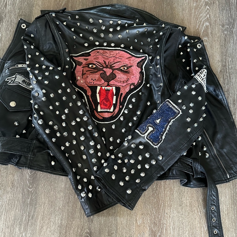 Pre owned Zara Large Studded Black Leather Jacket with  Patches